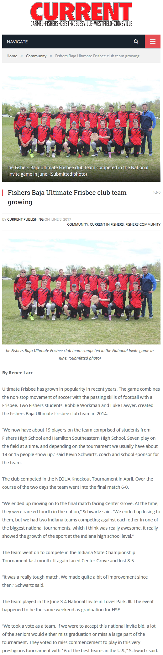 CURRENT Article: Fishers Baja Ultimate Frisbee club team growing