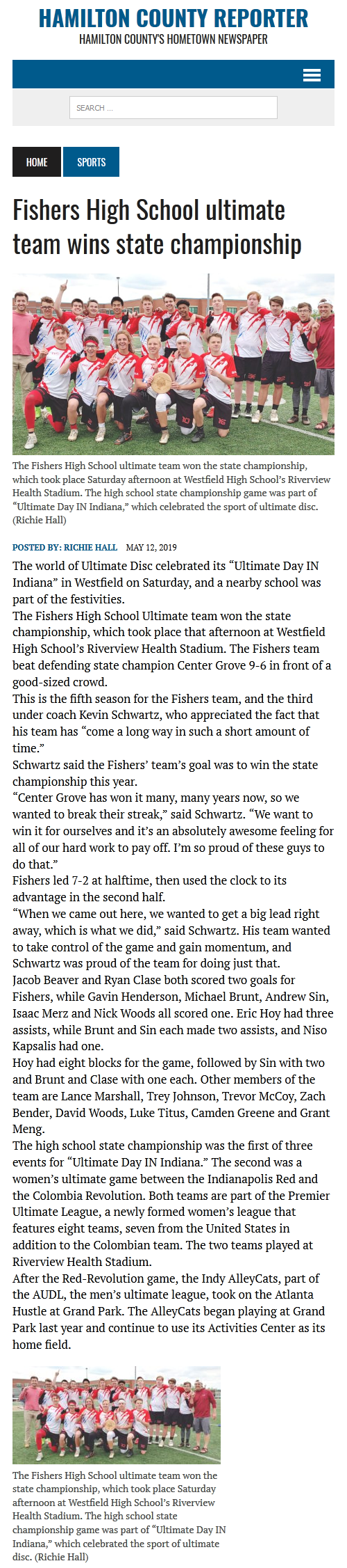 Hamilton County Reporter Article: Fishers High School ultimate team wins state championship
